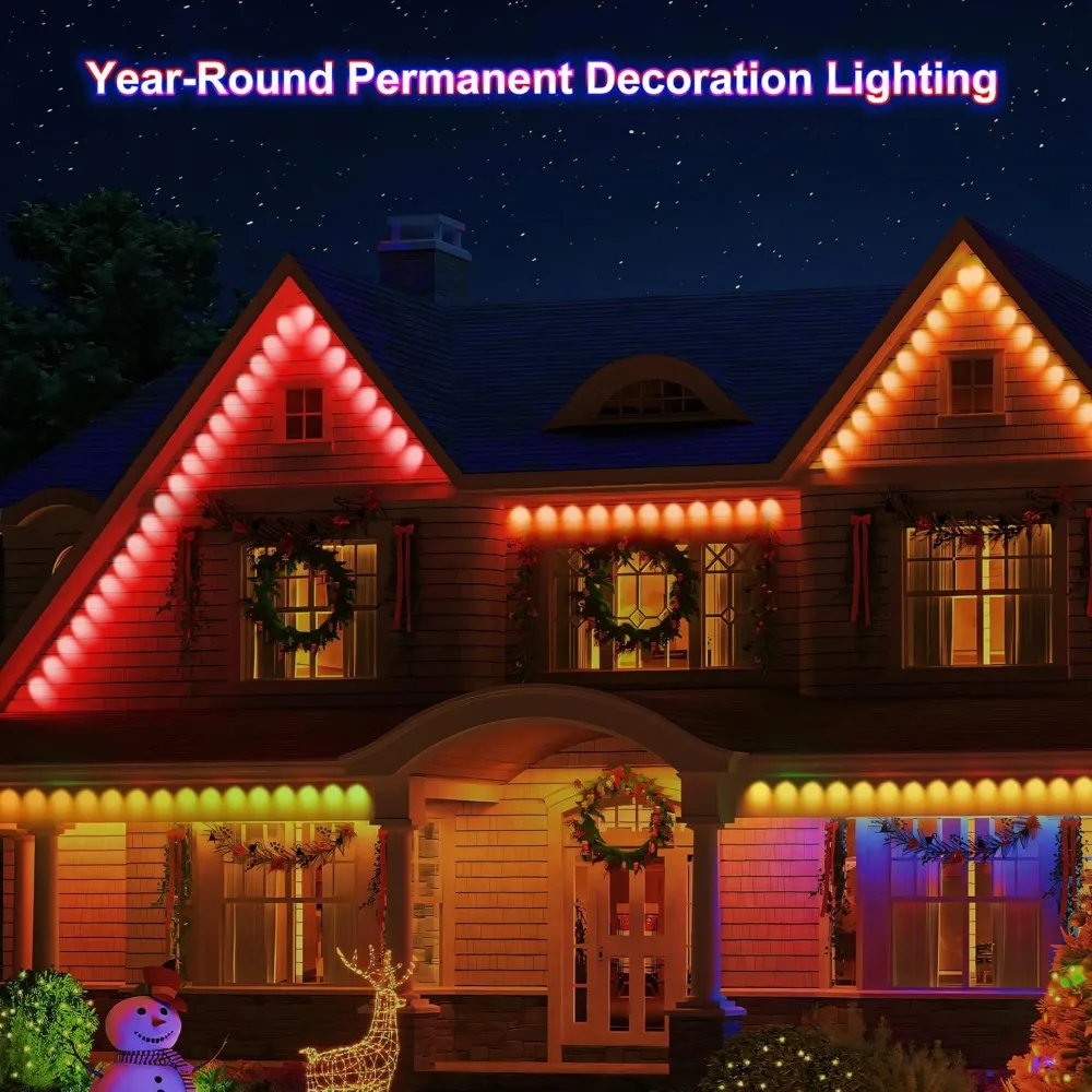 Luce per grondaia intelligente RGB + IC Luci esterne permanenti Controllo app Temporizzatore di sincronizzazione musicale IP67 Impermeabile per decorazioni quotidiane per le vacanze di Natale