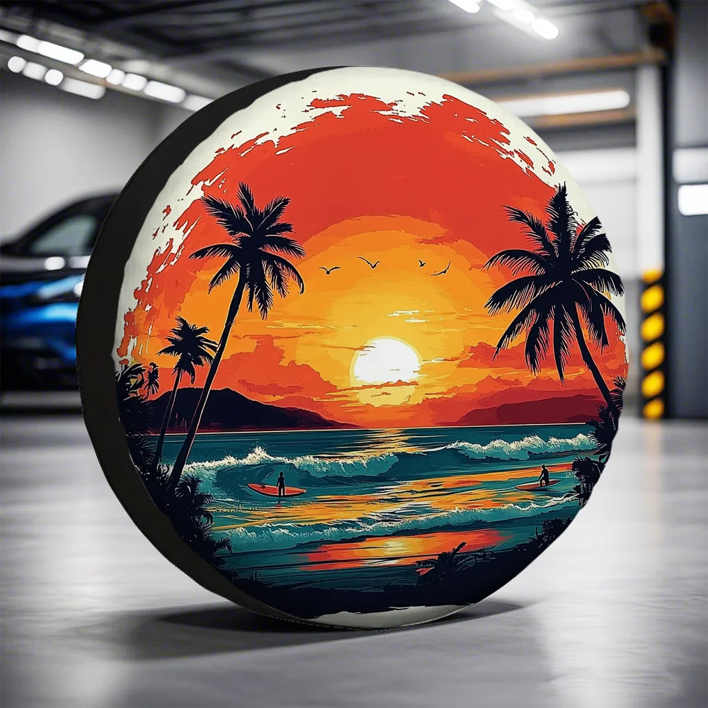 

Чехол для пляжной шины с тропическим закатом, прочный полиэстер, всесезонная защита запасного колеса, декор для серфинга