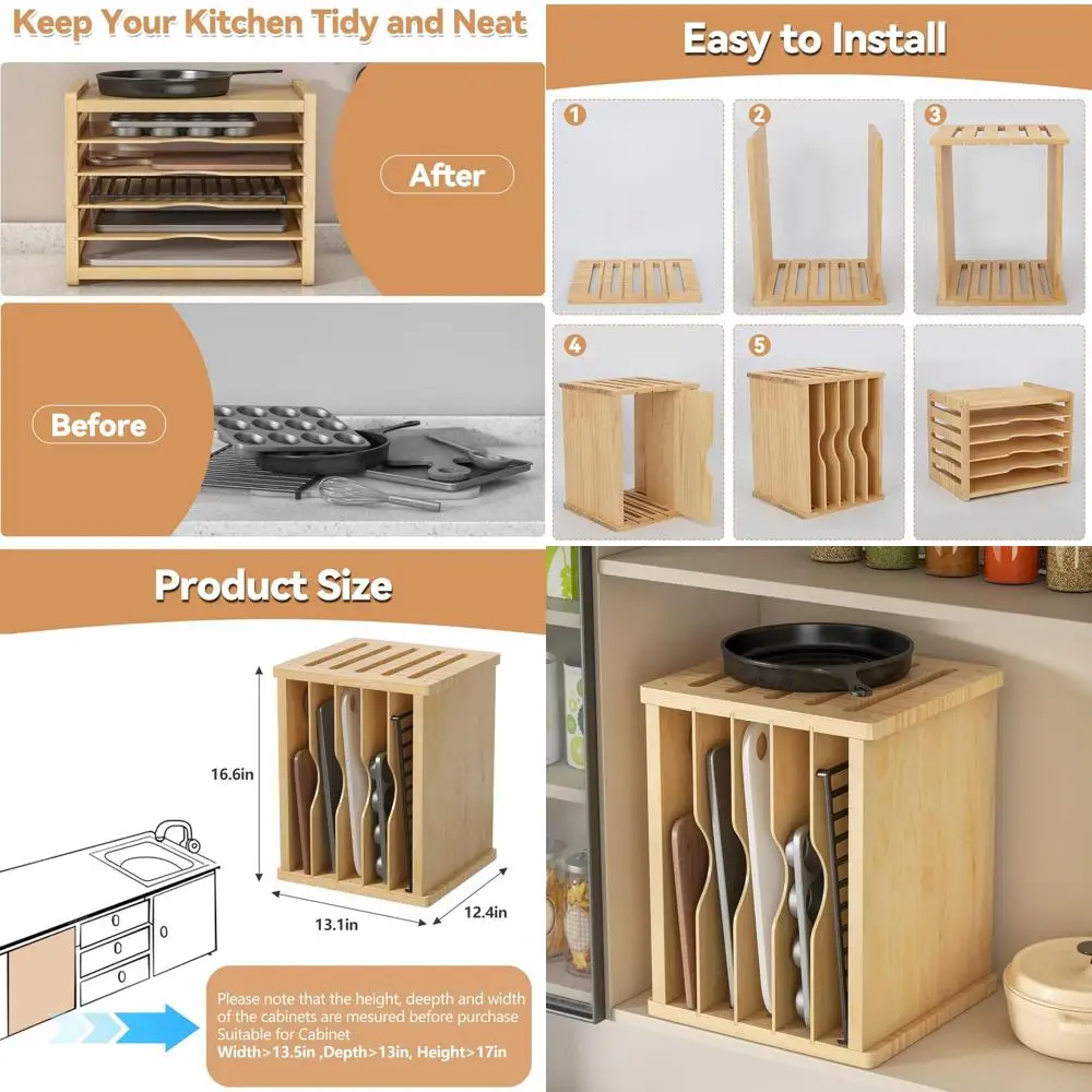 

Kitchen Cabinet Wooden Baking Tray Organizer, 6-Tier Vertical Divider for Storing Sheets, Pans, Boards, 13.1x16.6x12.4