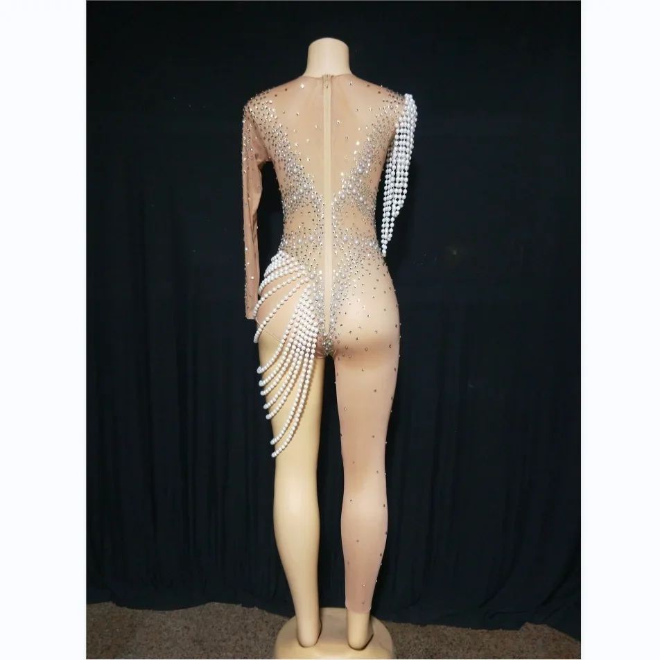 

See Through Jumpsuits Women Pearl Rhinestone Gogo Dancer Showgirl Costume Rave Festival Outfit Clothing Party Nightclub Bodysuit