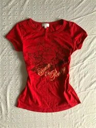 HOUZHOU Vintage Harajuku T-shirts Women Y2k Red Grunge Graphic T-shirts 2000s Gothic American Retro Streetwear Aesthetic Tees