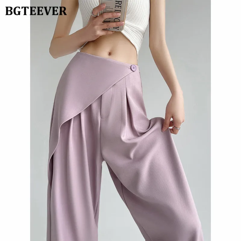 

BGTEEVER Fashion Single Button Ladies Suit Pants Stylish High Waist Loose Wide Leg Trousers Women
