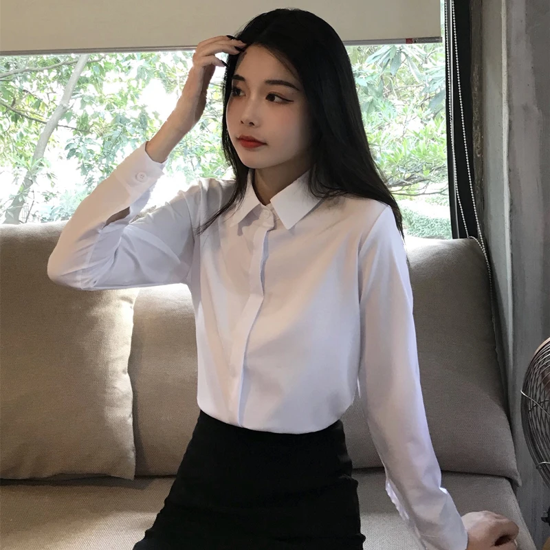 Basic Button Up Shirt for Women,Long Sleeve Blouse for Office Lady,Korean Fashion, Work Wear,Plus Size Chiffon Tops,White Spring