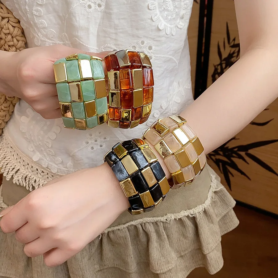 Bohemian Acrylic Square Splicing Bracelet for Women Geometric Round Bangles Personality Creative Holiday Party Jewelry Gifts W