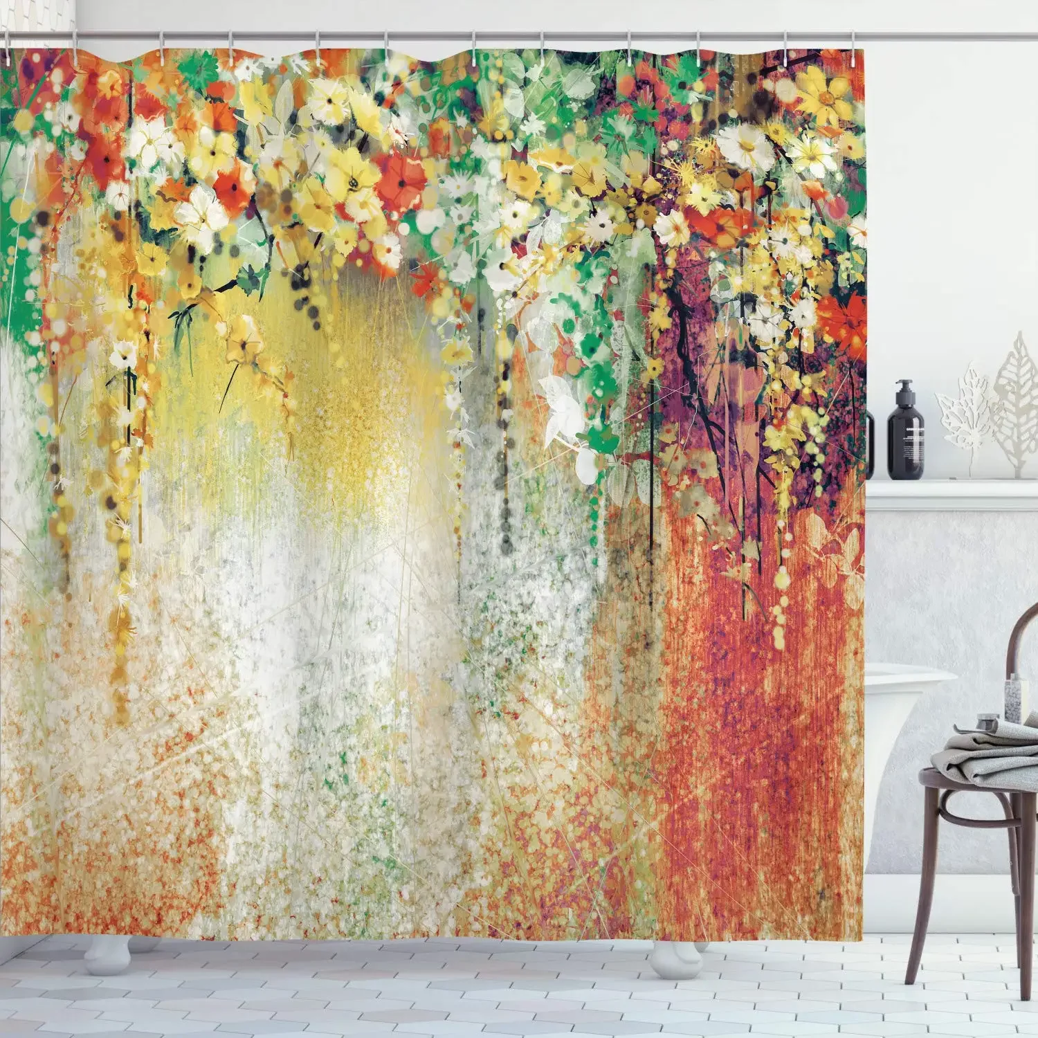 Flower Shower Curtain Abstract Herbs Alternative Medicine Blossoms Ivy Back Florets Shrubs Cloth Fabric Bathroom Decor Sets