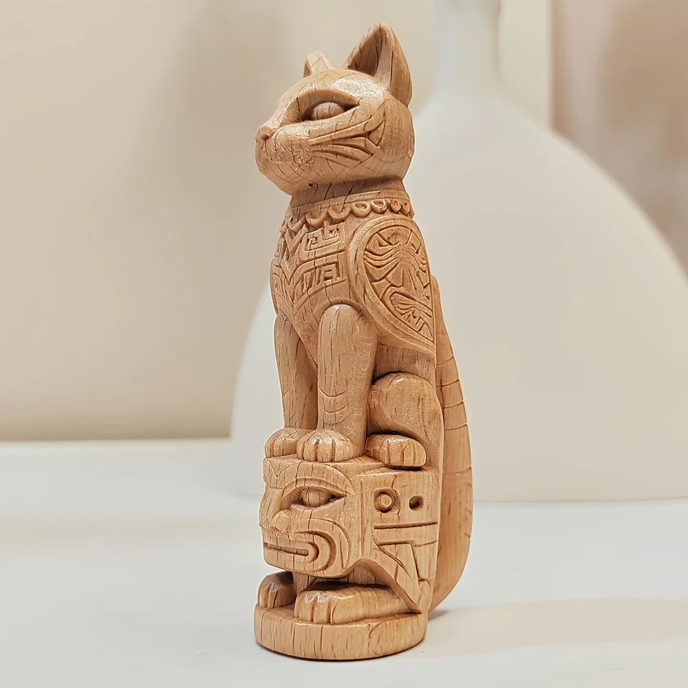 Colonna ornamentale in legno intagliato a mano a forma di totem con gatto, stile artistico, ideale come regalo per l'inizio della scuola, per decorazioni interne, per feste, per il soggiorno, come regalo di Natale, come regalo di Capodanno, come elemento decorativo per centrotavola.