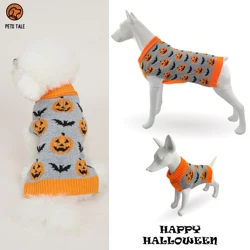 Premium Dog Halloween Pumpkin, Ghost, and Bat Jacquard Chain-Link Double Collar Sweater