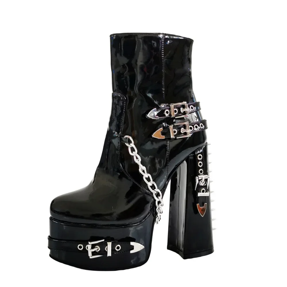 Punk Style Black Rivet Short Boots Round Head Chain Trend  Elastic Band Chunky Heel Metal Decorative Women's Motorcycle moots