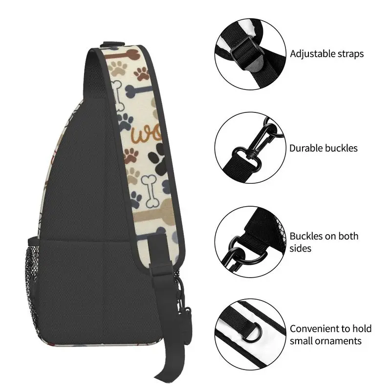 Cani Paws And Bones Paw Print Sling Chest Bag Animal Footprint spalla Crossbody zaino per uomo viaggi escursionismo Daypack