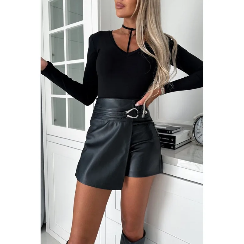 Elegant Women PU Leather Shorts 2024 Y2K Chic Buckled High Waist Slim Straight Shorts Faux Leather Night Clubwear Streetwear