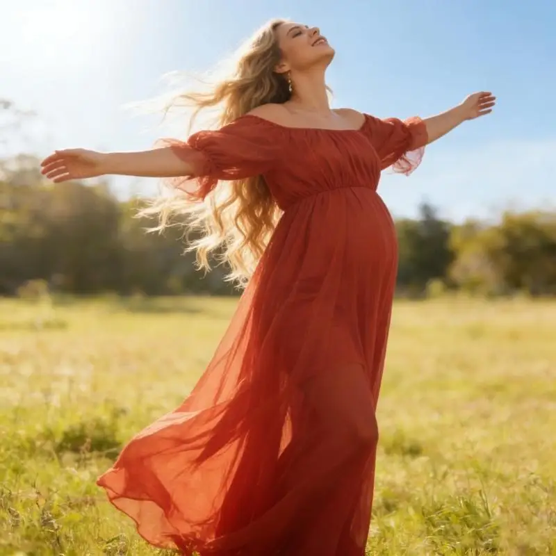 فستان طويل للحوامل بدون أكتاف من نسيج البوليستر الشفاف المسامي لراحة الصيف وسهولة العناية به A2UB