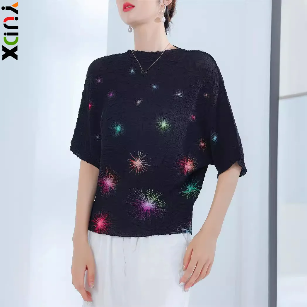 

YUDX Miyake Loose Plus Size Women's Top Temperament Aesthetic Printing Pleated Casual T-shirt 2024 Summer New