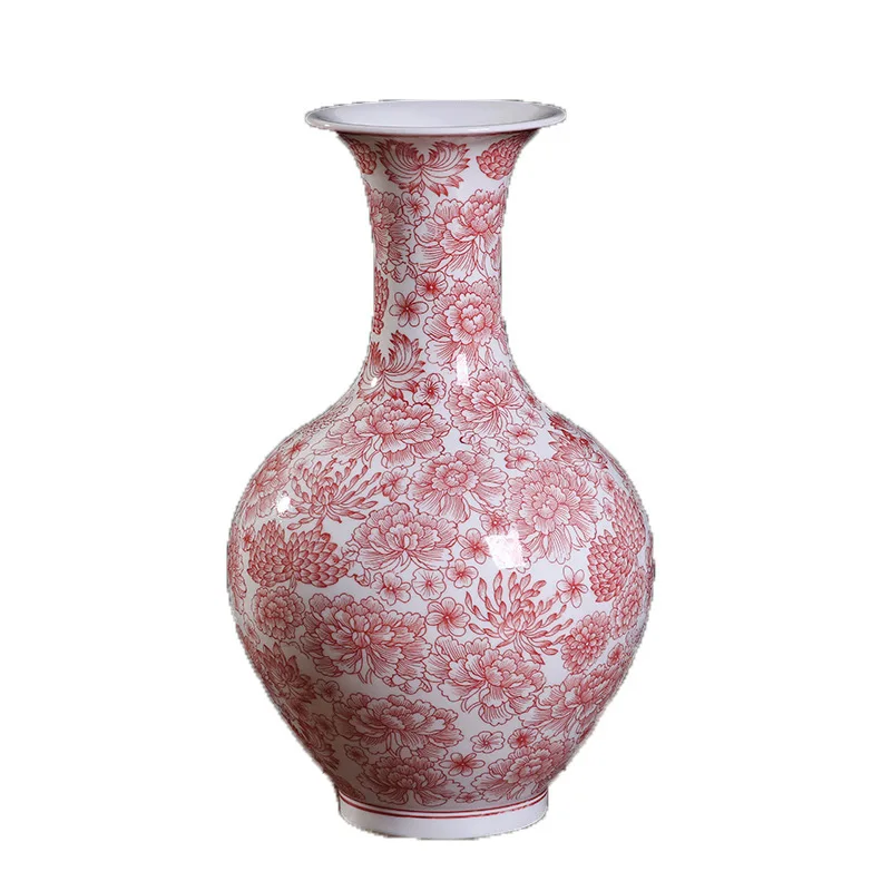 36cm Jingdezhen Half hand-painted Fenshui Glazed Red Ceramic Decorative Vase Home Furnishing Living Room Chinese Home Crafts Orn