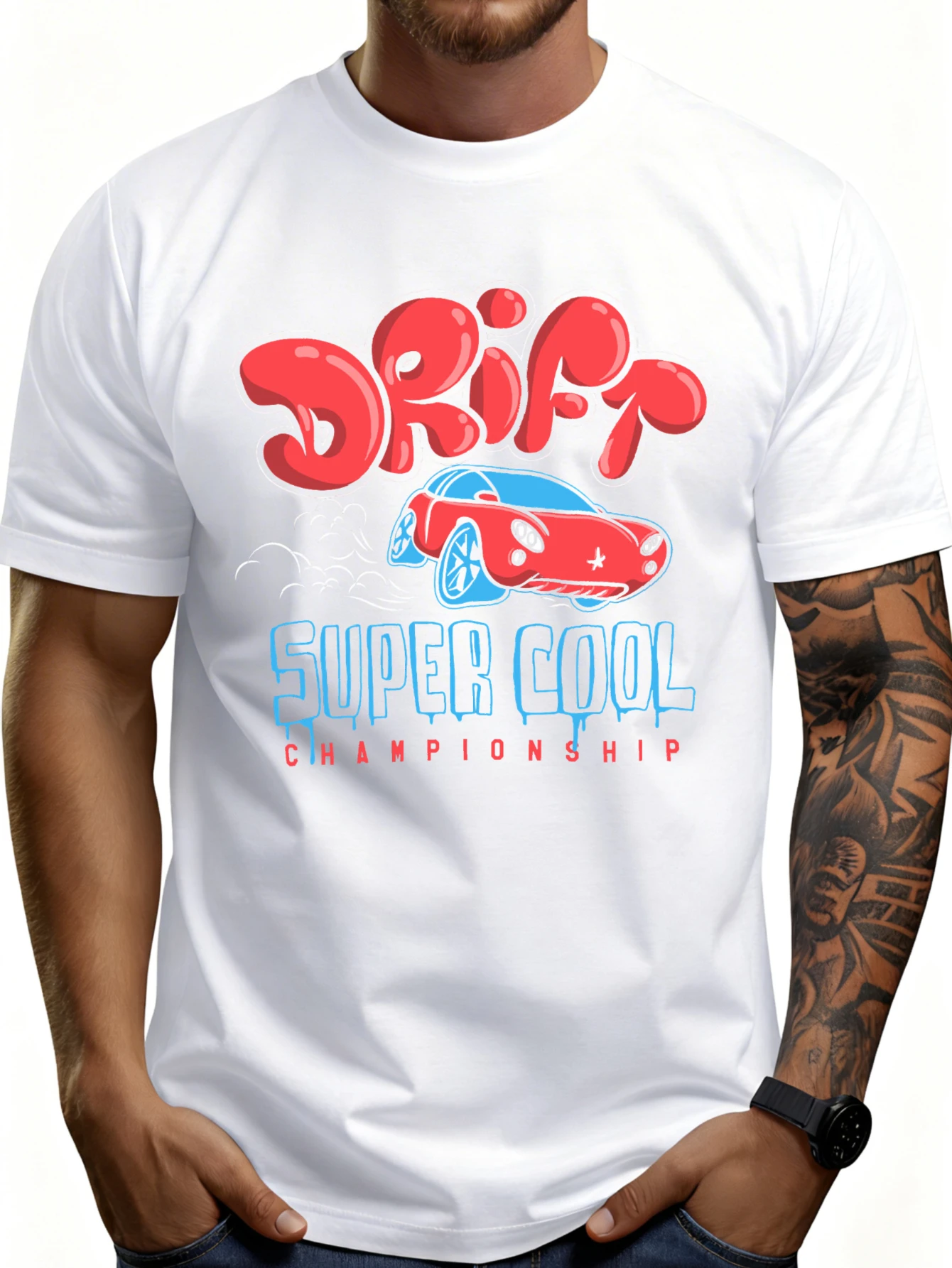 Casual Style Men's T-Shirt with Drift Super Cool Championship Car Design, Summer Wear, Gift for Car Enthusiasts