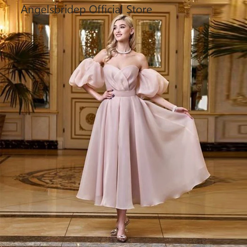 Angelsbridep Pink A-line Evening Dresses Sweetheat Pleat Prom Dress Sexy Organza Prom Gown Tea Length Robe De Soirée Party Gowns