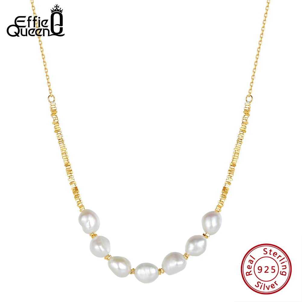 

EFFIE QUEEN 14K Gold Nugget Chain 925 Sterling Silver Natural Freshwater Pearl Necklace for Women Anniversary Jewelry Gift GPN69