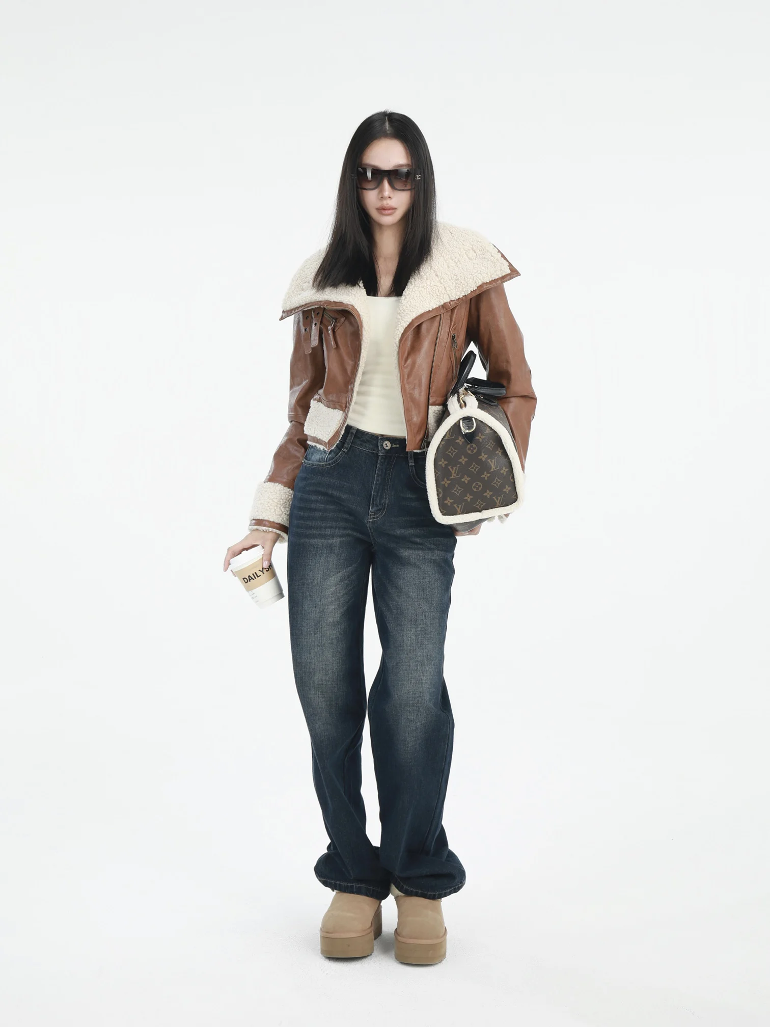 Casaco Feminino Dailyhero de Couro Ecológico para Inverno, Gola Alta, Fechamento com Zíper, Manga Longa, Estilo Casual