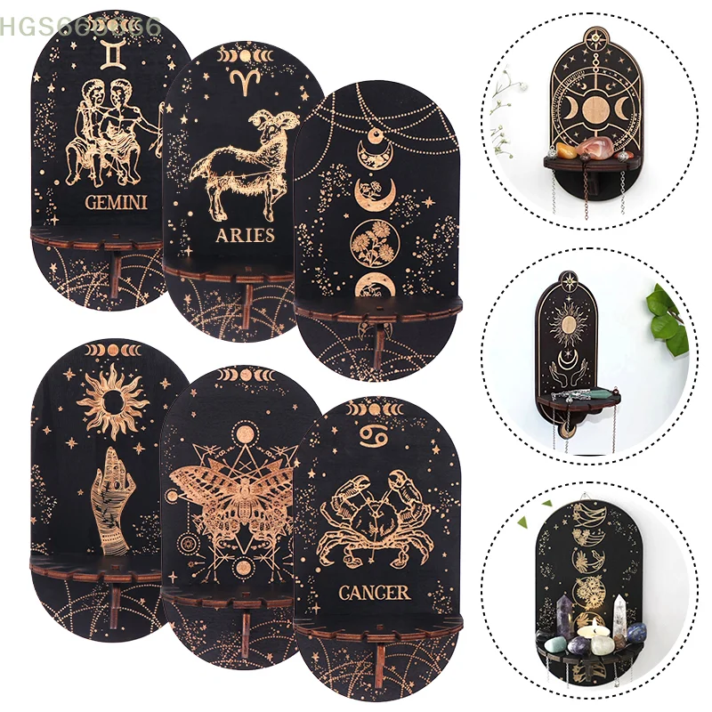 

Wall Mounted Crystal Shelf, Boho Wooden Carved Candle Holder Display for Home Decor