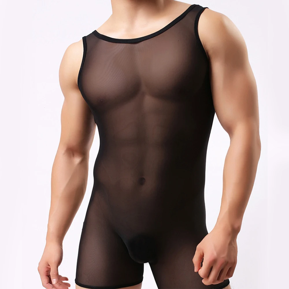 Transparent Mesh Bodysuit Underwear Men Gay Shapewear High Elastic Jumpsuit Male Body Stocking Tank Tops Playsuit Boxer Briefs