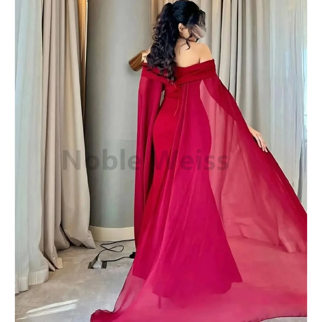 オフショルダー サテン イブニング ドレス マーメイド フロアレングス プロムドレス 特別な日のドレス カスタマイズ