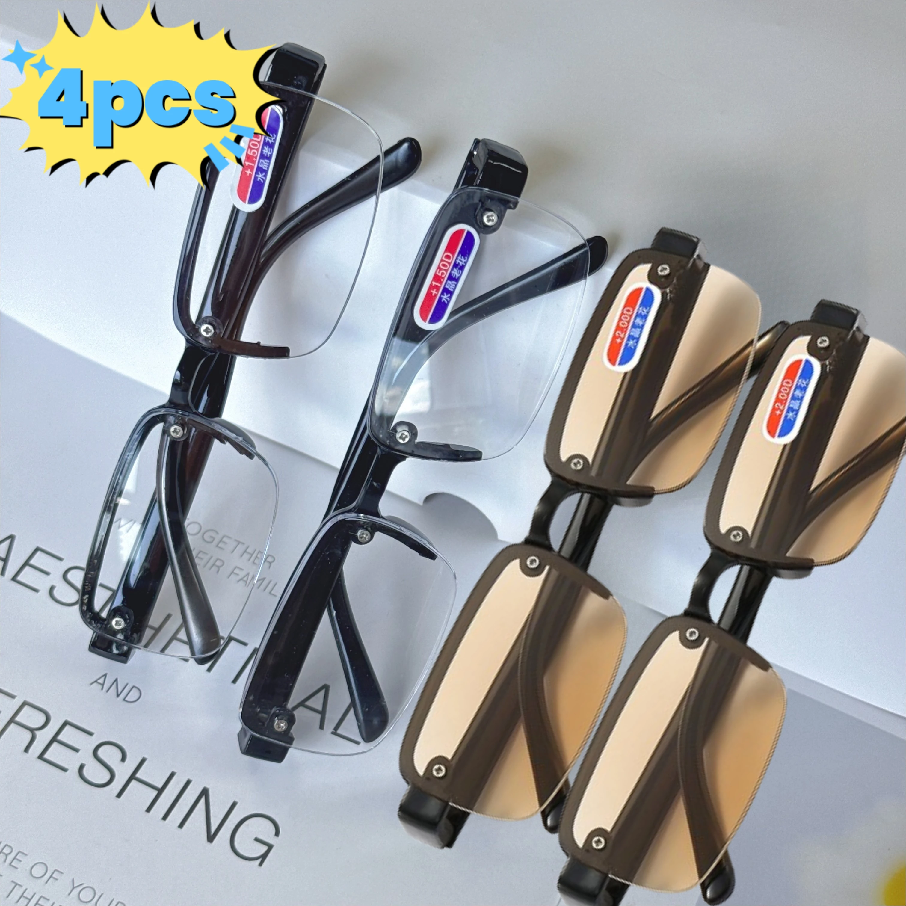 4PCS Randlose Lesebrille für Frauen Männer Imitation Kristall Objektiv Blau Licht Blockieren Brillen Ältere Presbyopie Brillen