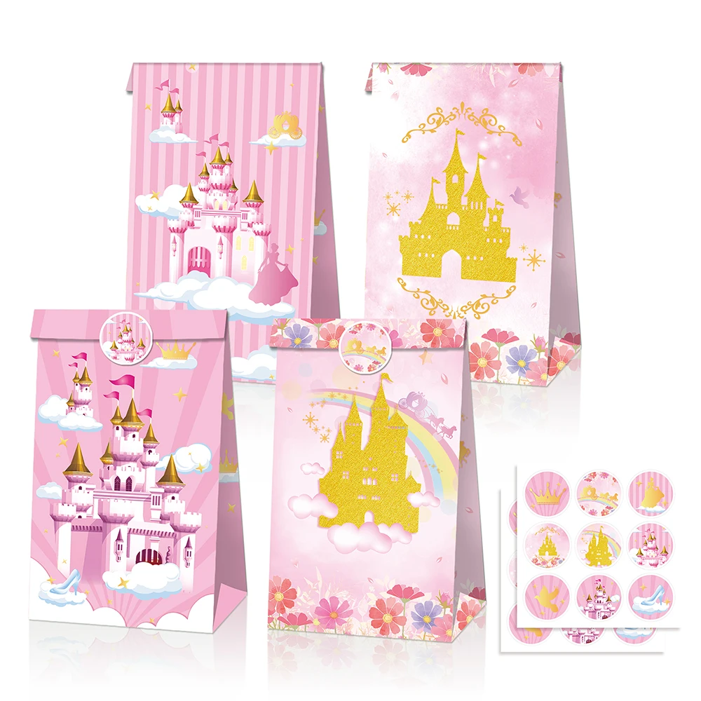 

LB136 12Pcs Girls Sweet Rainbow Princess Castle Birthday Party Biscuits Kraft Paper Gift Bags with Stickers Baby Shower Party