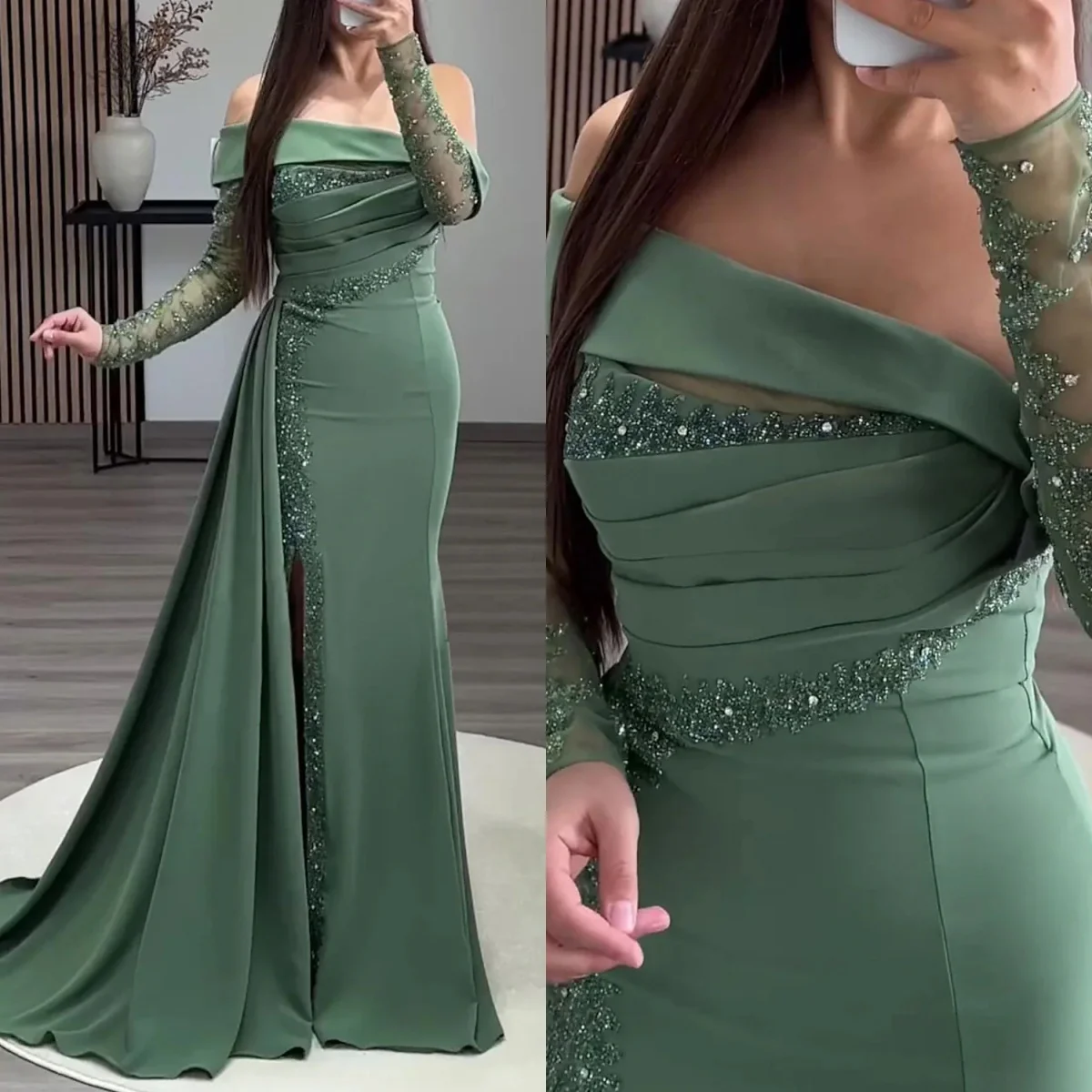 Mermaid Evening Dress Off Shoulder Satin Beaded