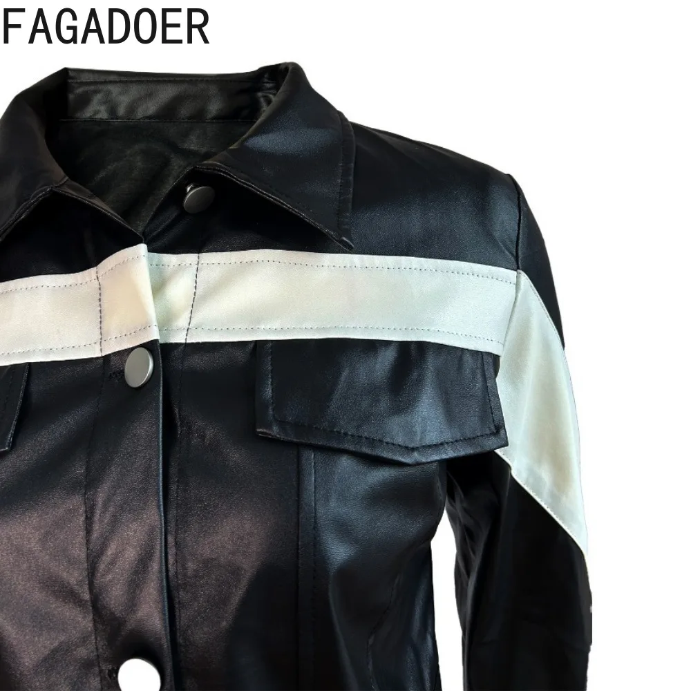 FAGADOER Fashion PU Leather Patchwork Two Piece Sets Women Turndown Collar Long Sleeve Crop Top And Skinny Pants Outfits Clothes