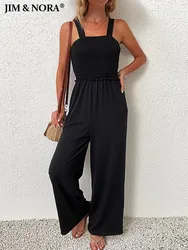 JIM & NORA New Fashion Solid Women's Sexy Overalls Jumpsuit Casual Bodysuits Sleeveless Wide Leg Bib with Pocket Playsuits