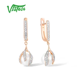 VISTOSO Real 14K 585 Rose Gold Earrings For Women Fresh Water White Pearl Sparkling Diamonds Dangling Party Elegant Fine Jewelry