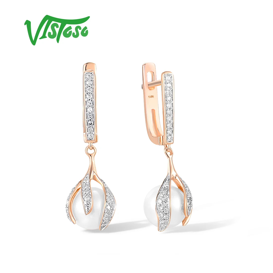 VISTOSO Real 14K/9K Rose Gold Earrings For Women Fresh Water White Pearl Sparkling Diamonds Dangling Party Elegant Fine Jewelry