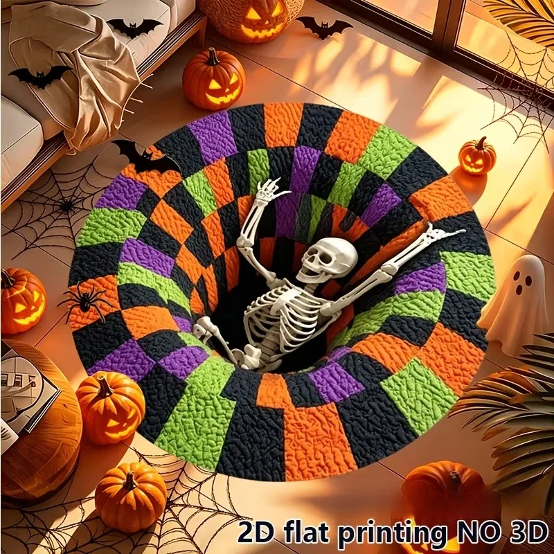 3D Checkered Vortex Skeleton Round Floor Rug,Colorful Halloween Grid Skeleton Print Circular Carpet,Spooky Illusion for Bedroom