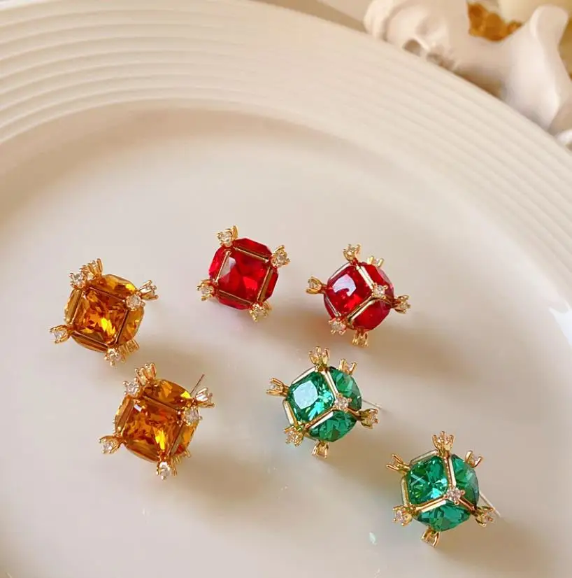 Square green rhinestone earrings translucent crystal retro court elegant women gift-box shape vintage stud earring