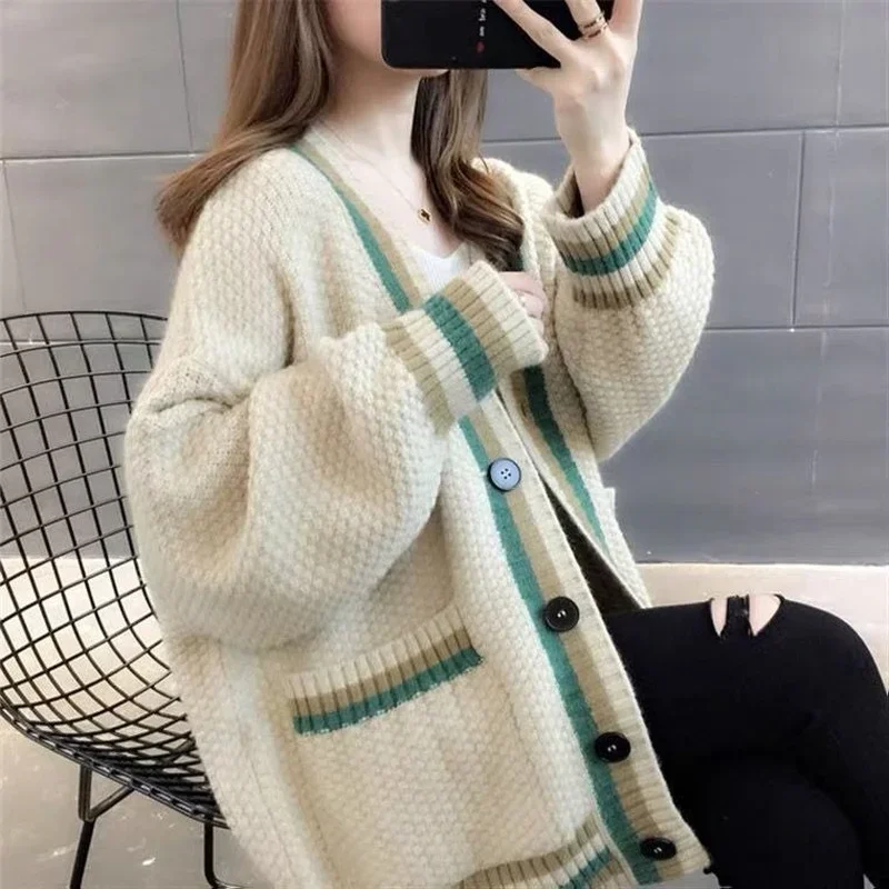 Cardigan Women S-3XL Thick Warm All-match Tricot Striped Panelled Streetwear V-neck Knitwear Baggy Retro Sweaters Stylish Mature