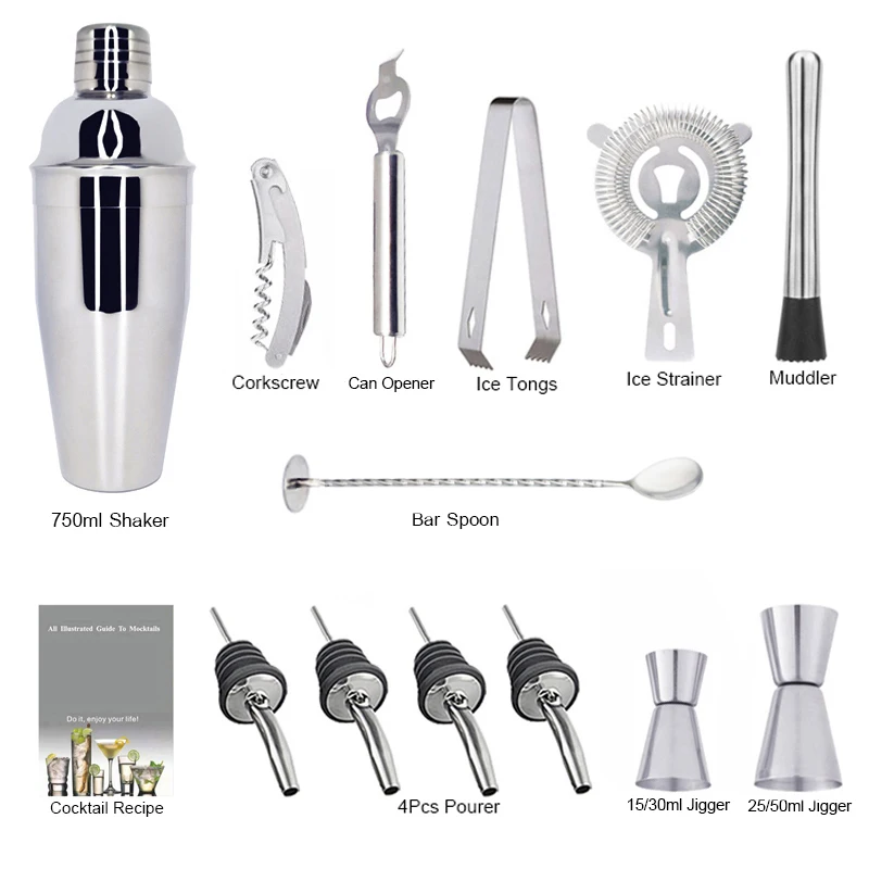 13Pcs Bartender Kit Cocktail Shaker Mixer Bar Tools 750/600ml Shakers With Cocktail Recipe Pourer Jigger