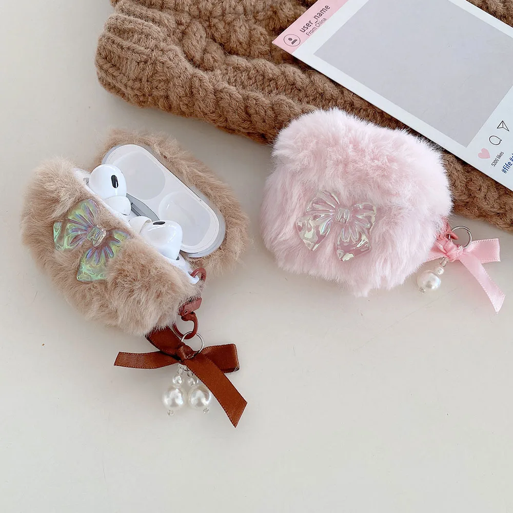 Winter Fluffy Plush Fur Bow knot Pendant Earphone Case For Apple AirPods 4 ANC AirPods 1 2 3 Pro Soft Headset Protective Cover