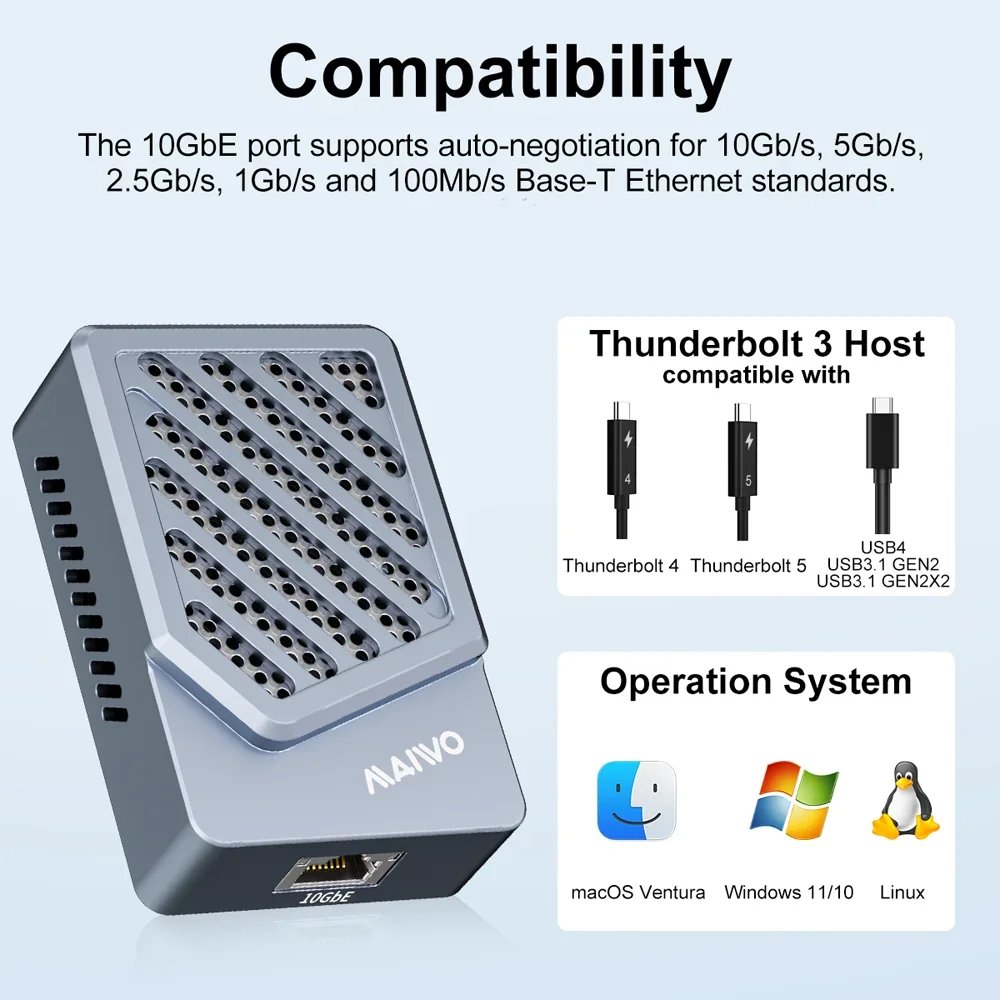 MAIWO 10 جيجابت إيثرنت ميناء إيثرنت محول Thunderbolt 3/4/5 USB 4 دعم تبديد صامت لنقل البيانات عالي السرعة