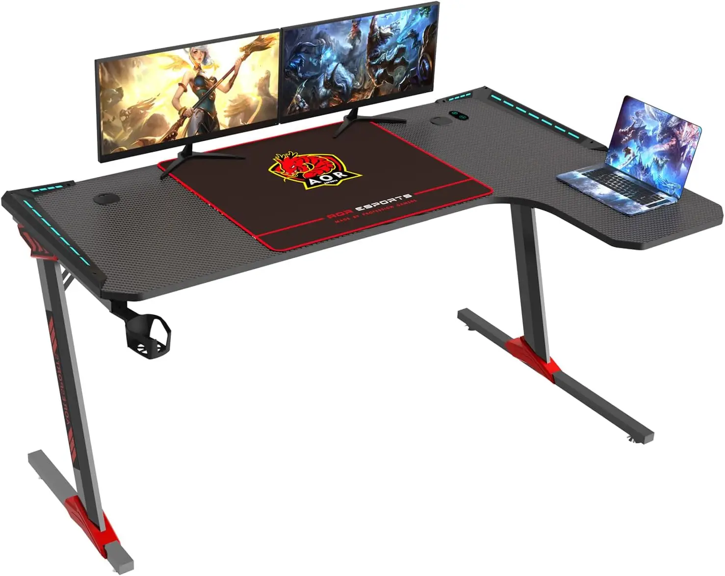 L-Shaped LED Gaming Table, Computer Corner Desk com Mouse Pad, Headphone Gancho e Suporte para Copo, Preto, 55"