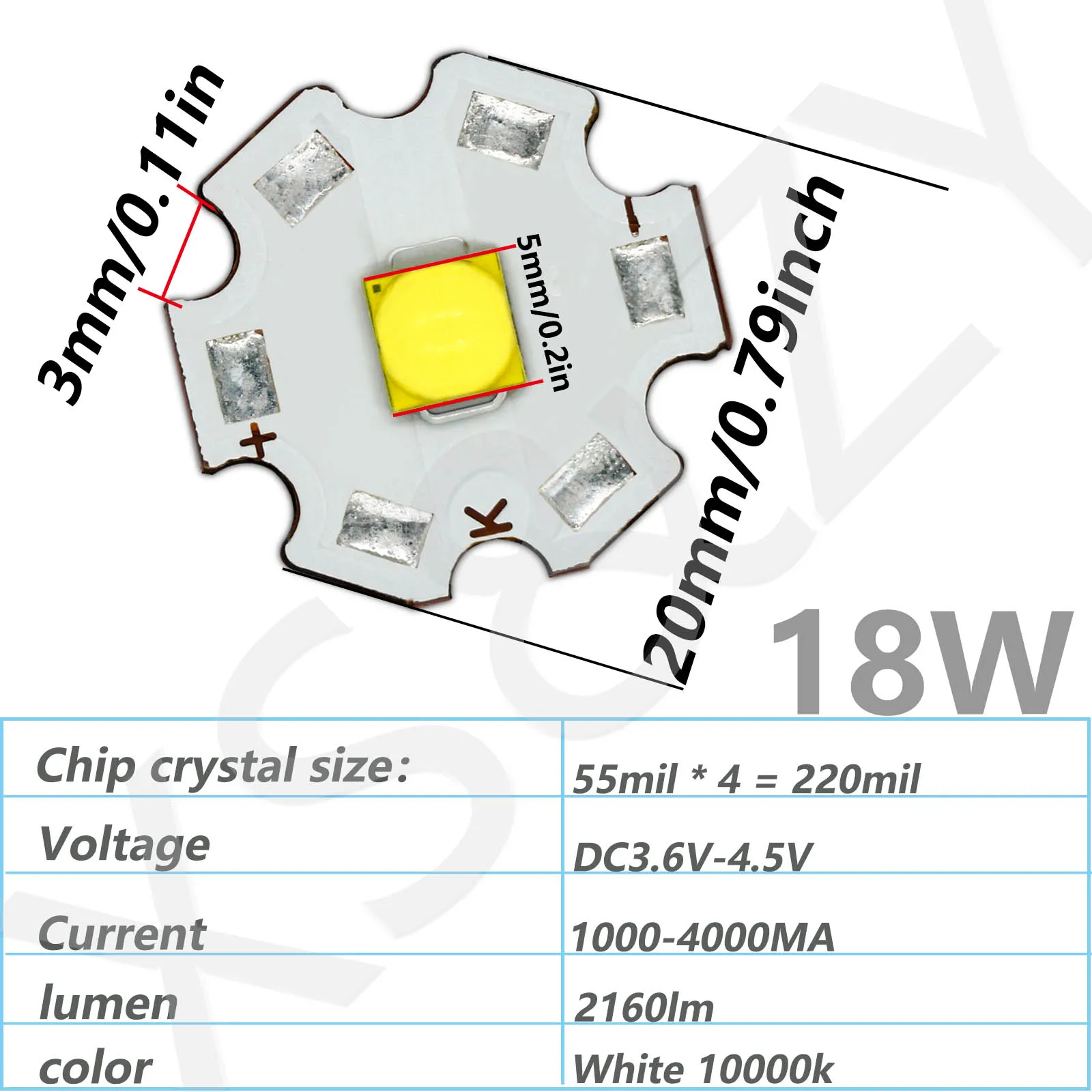 Grânulos de LED de alta potência para lanternas e faróis, 18W, DC3.4V-4.2V, DC3.6V-4.5V, destaque, 4000MA, 2160lm, substituição do grânulo da lâmpada