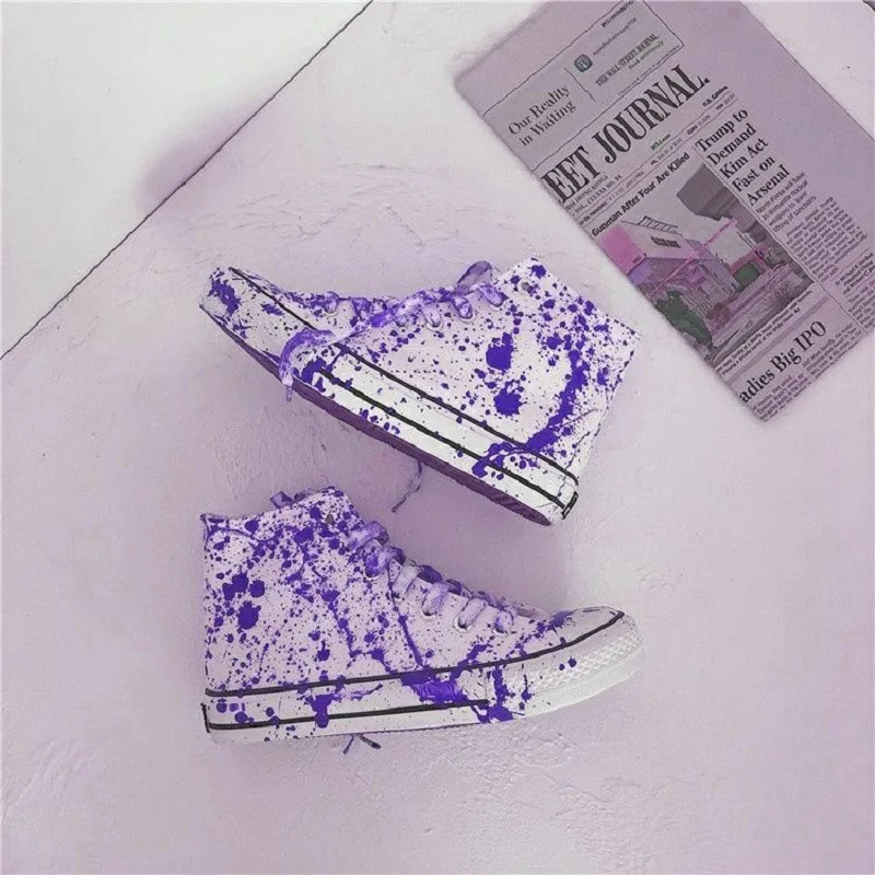 Fashion Graffiti Purple Sneakers Girls Boys Flat Trekking Shoes 2022 New Novelty Hand-made Painted Women\'s Canvas Sport Sneaker