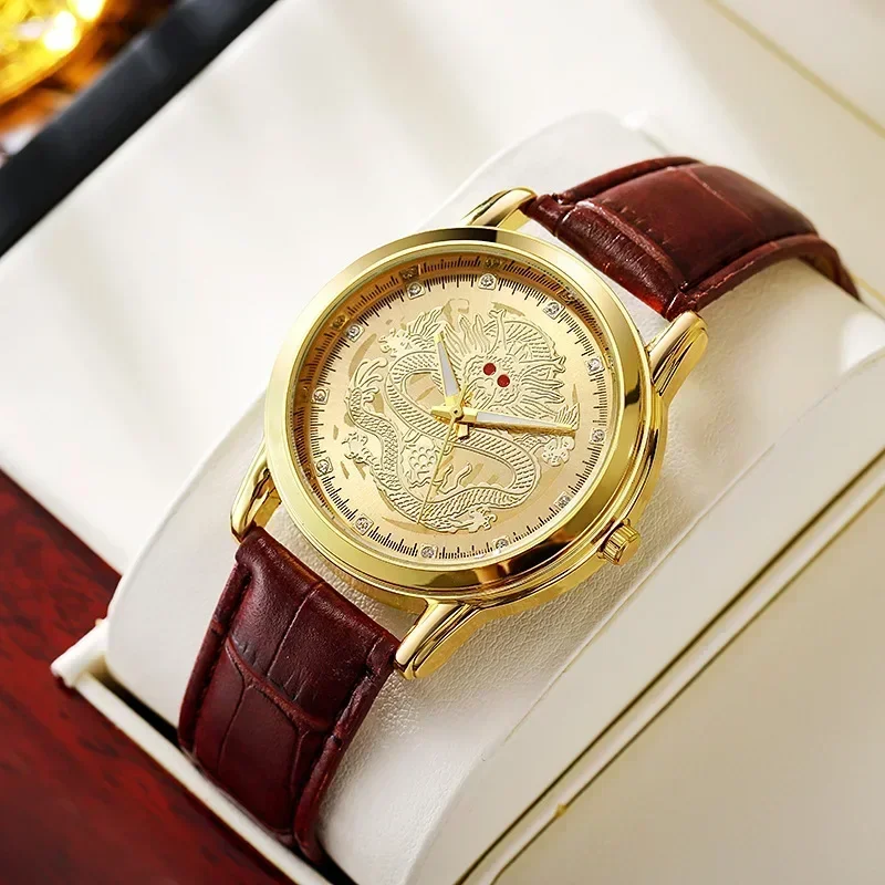 

Luxury Gold Dragon Watch Men Business Watches Leather Band Analog Quartz Wristwatches Men Best Gifts Reloj Hombre Montre Homme