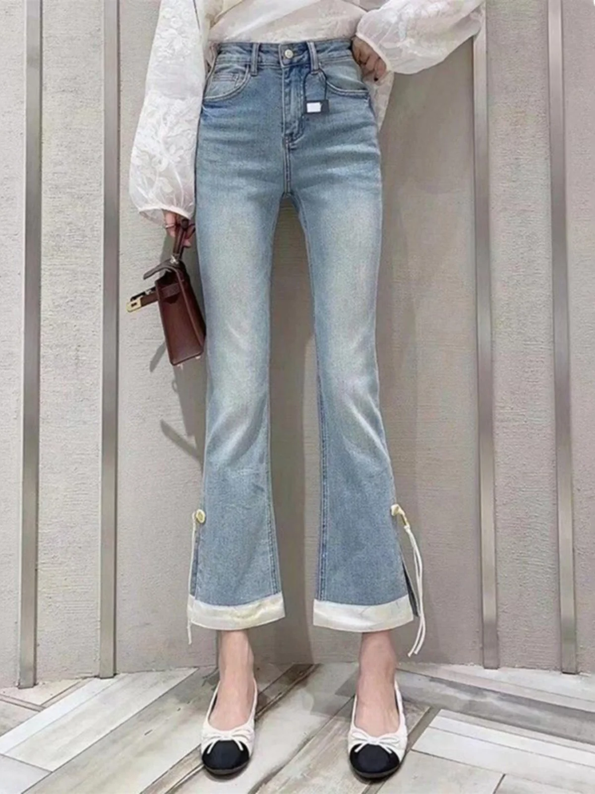 Ele High Waist Micro Flare Jeans Satin Patchwork Elastic Golden Button Tassel Nine Points Slimming Cotton Polyester Blend