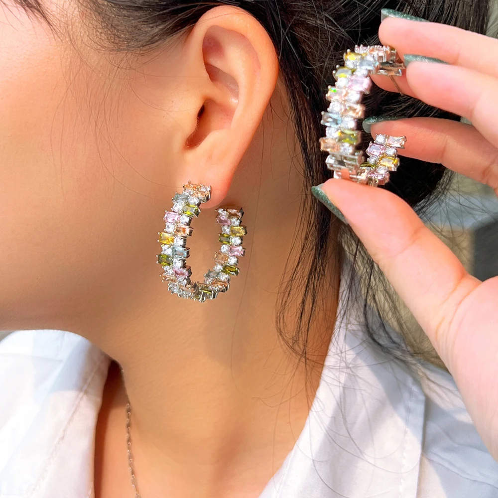 BeaQueen Trendy Summer Festival Jewelry Accessories for Women Multicolor Double Sided Cubic Zircon Half Hoop Stud Earrings E634