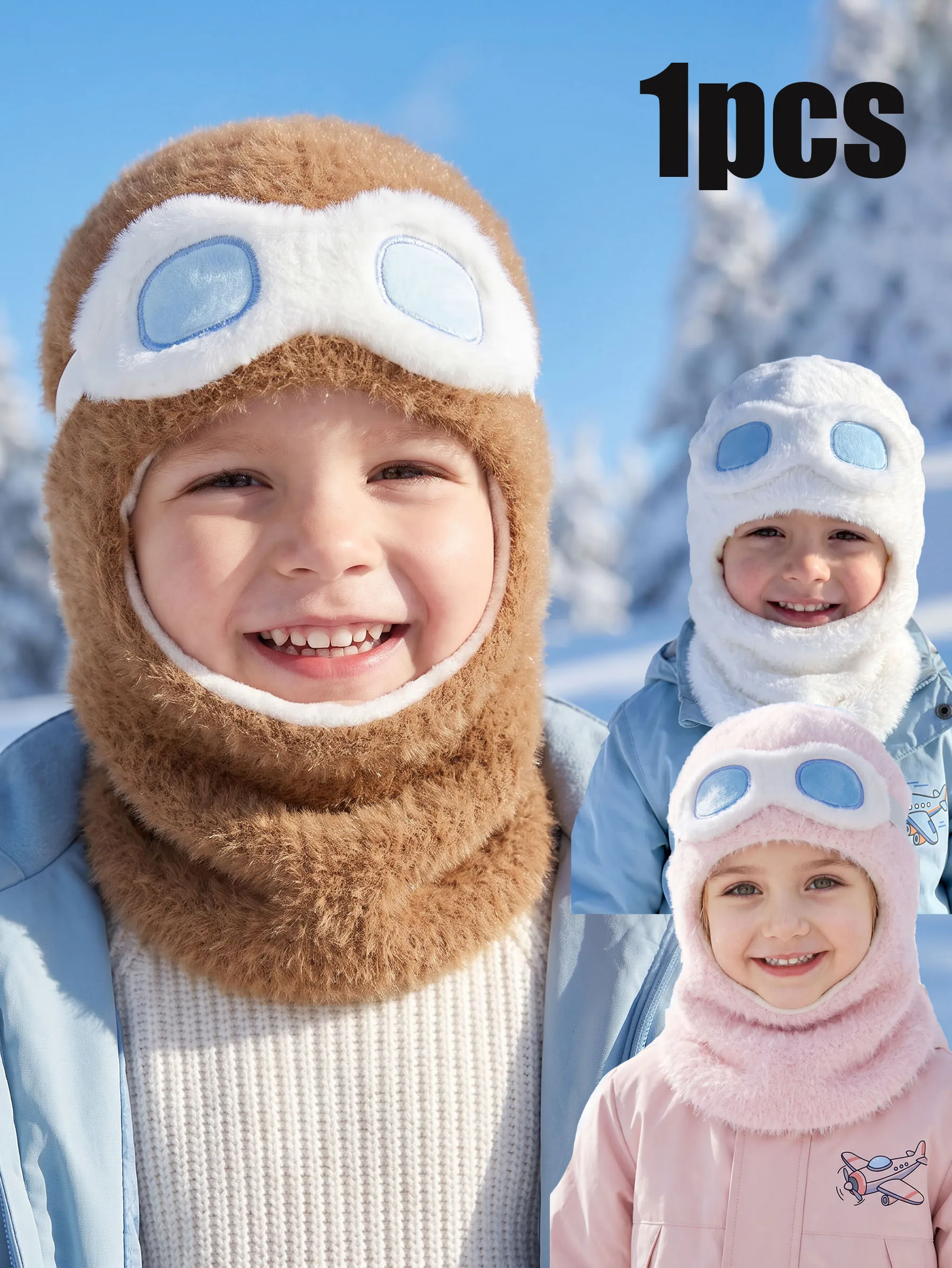 1pcs 1-3Y Cute Boys Kids Knit Balaclava, Cartoon Bear Glasses Decor Soft Thin Integrated Cap