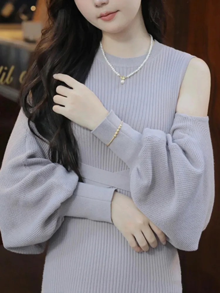 Off Shoulder Sweet Thousand-Dollar Lantern Sleeve Shirt+Thread Knitted Skirt 2024 Autumn Winter New Japanstyle Female Suits