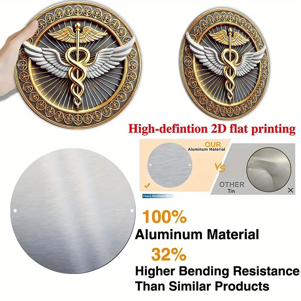 2D Flat, Medical Symbol Decoration - Golden Caduceus Emblem with Wings - Durable Aluminum Plaque for Healthcare Facilities, Offi view 5