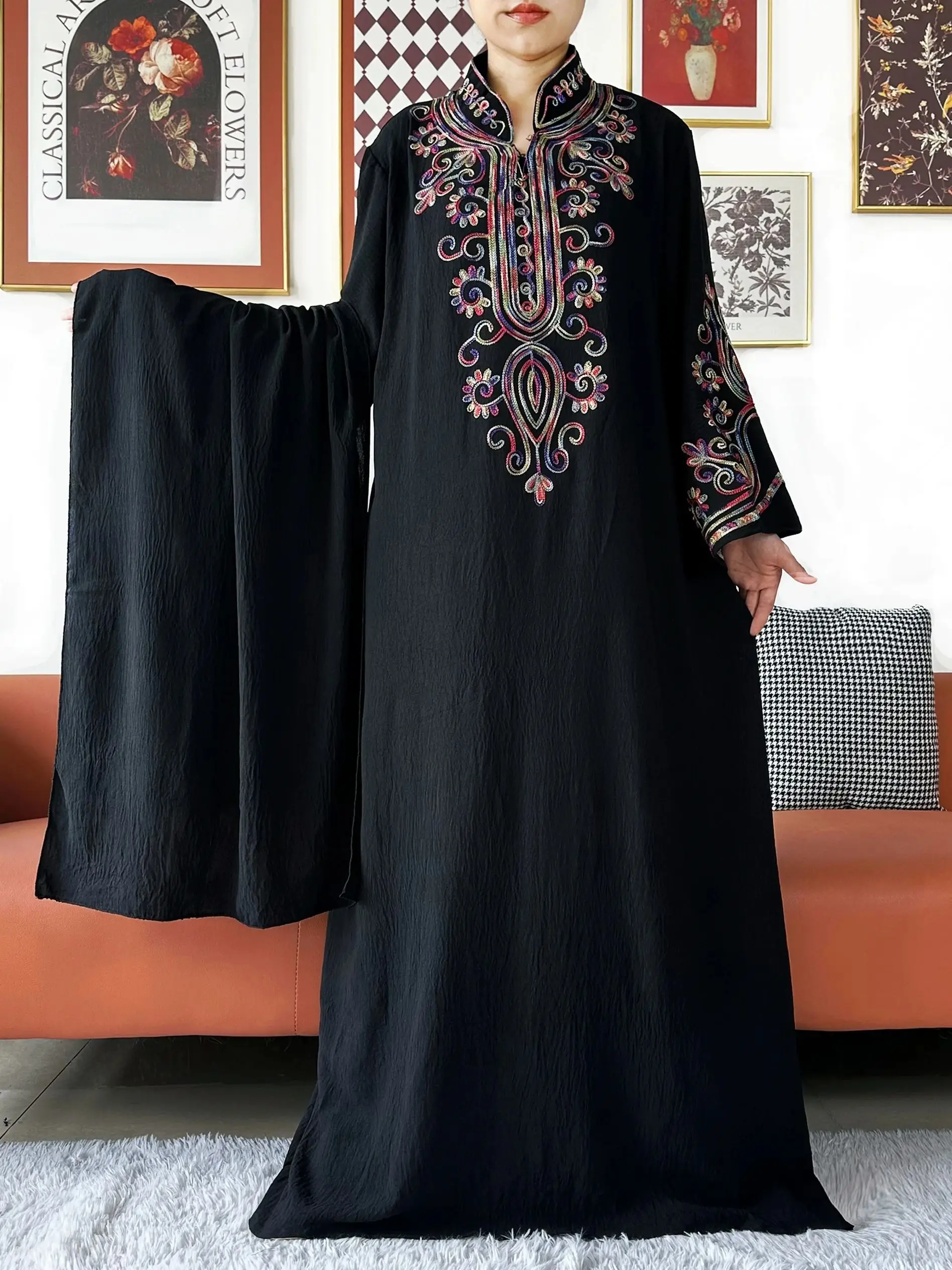 Latest Women Abaya Long Sleeve Embroidered Solid Cotton Women Loose Abaya Boho Maxi Dress Casual Fashion Dress African Vestidos