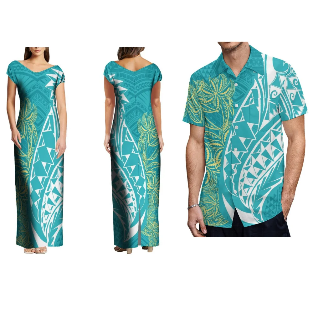 Vestido polinésio feminino e masculino com decote em v, estampa étnica tribal personalizada, saia longa elegante e justa, camisa de casal, temperamento