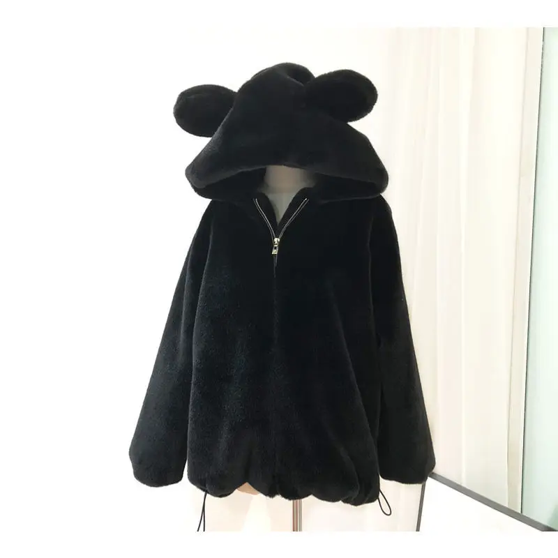 Women's New Autumn Winter Hooded Coat Bear Ears Top Clothing Long Sleeve Loose Zip Up Fleece Jacket Cozy Chic Fashion Outerwear
