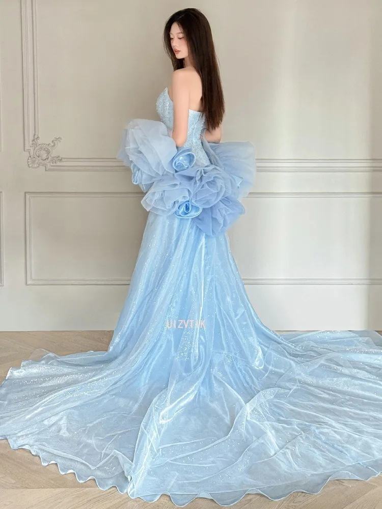 Gaun Malam Biru Mewah untuk Wanita Gaun Selebriti Kereta Sapu Putri Duyung Tamu Pernikahan Manik-manik Gaun Kristal Payet Gaun Gala